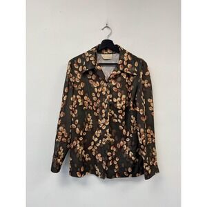 Vintage Mar-Lek Shirt Womens Large Brown Floral Sheer Button Front Blouse 70s